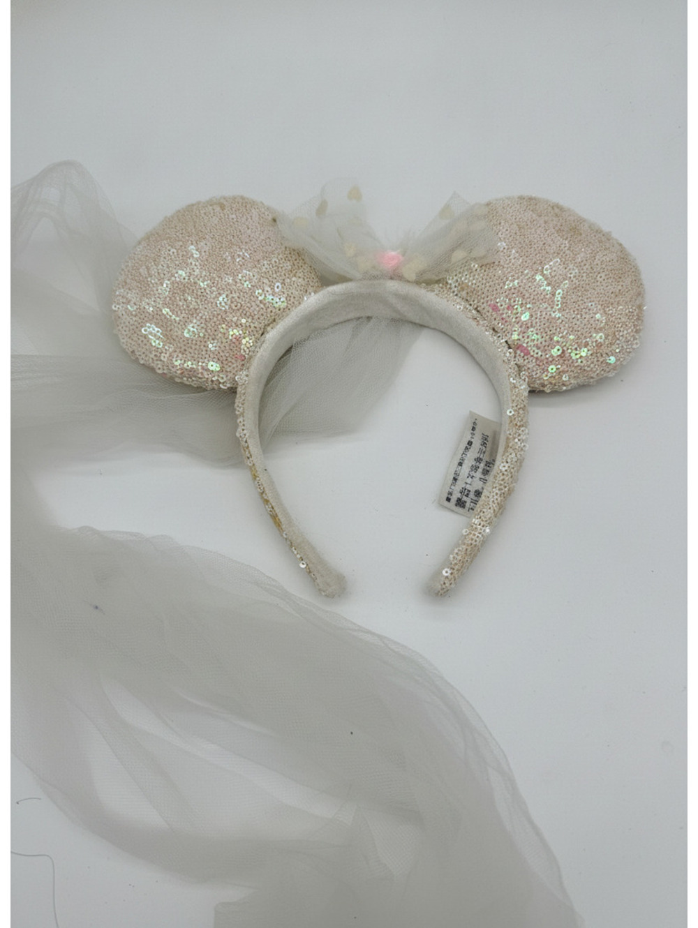 Disney Parks Minnie Mouse Bride Ears Headband Wedding Veil Sequin White